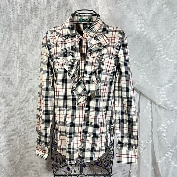 Lauren ralph lauren plaid ruffle front button down shirt size S - Picture 2 of 8